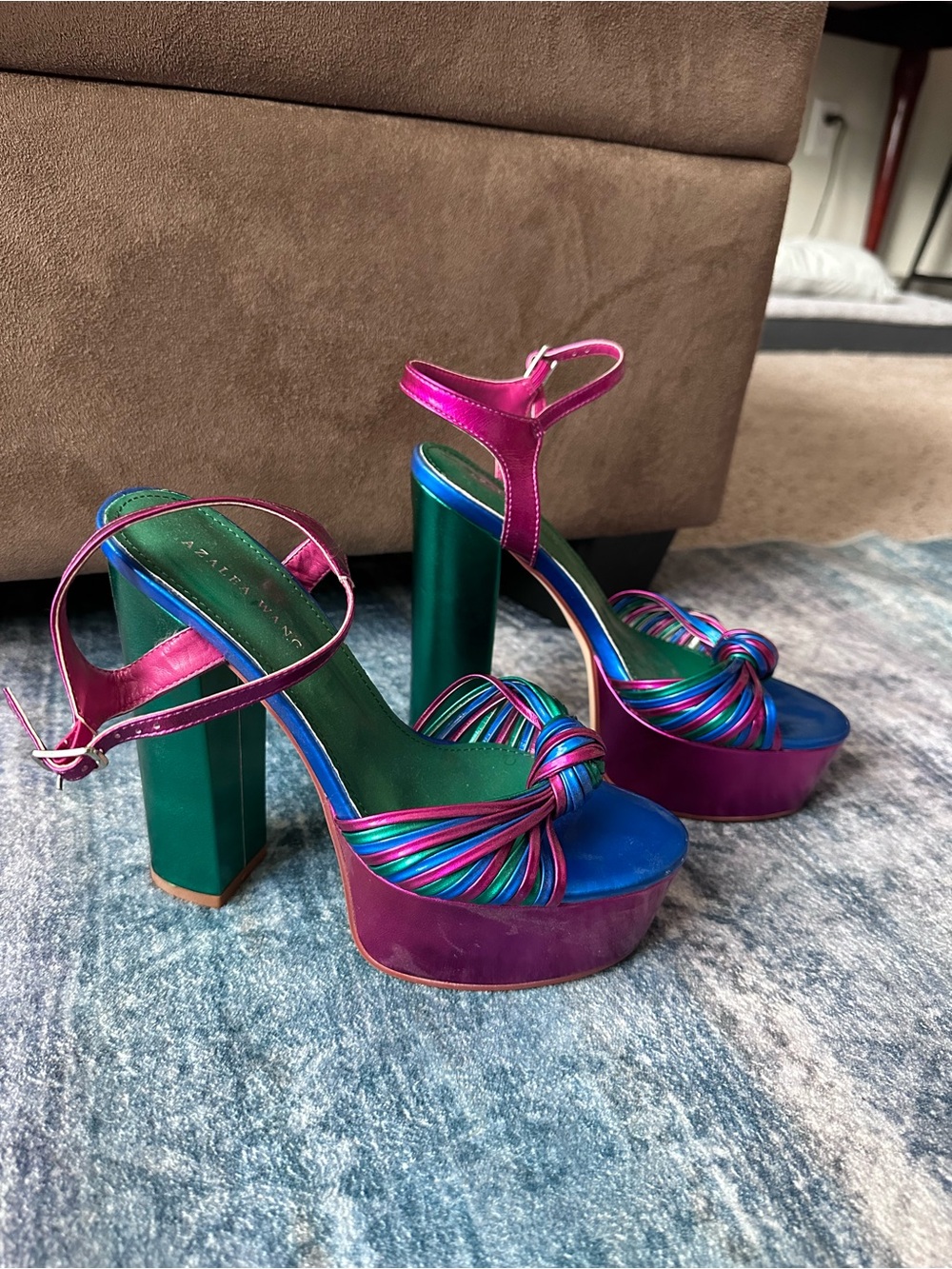 Colorful Multi-Strap Platform Heels in Pink and Green